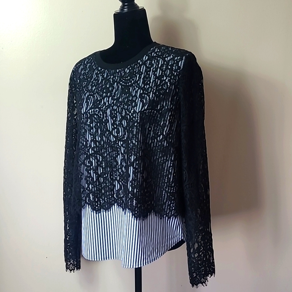 Vineyard Vines Women's Lace Overlay Blouse Black White Large Striped Lined